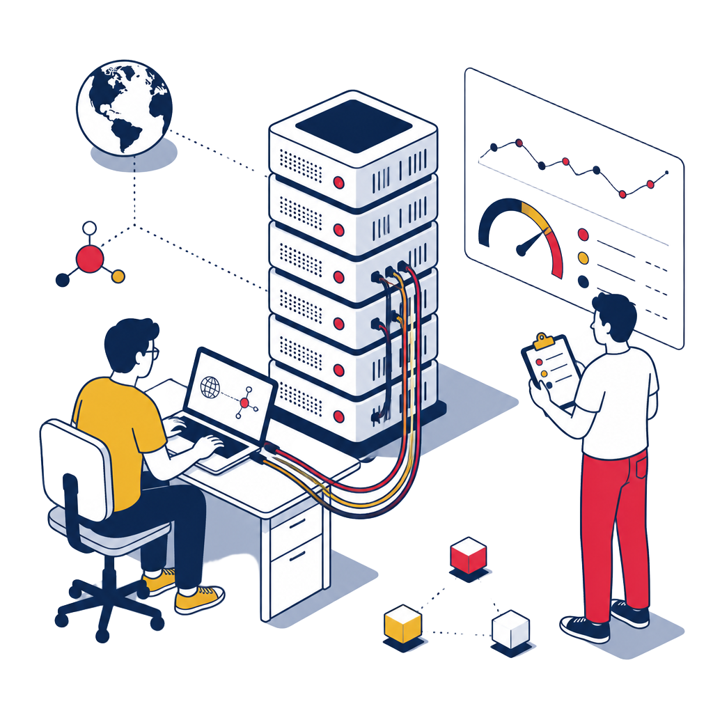 Illustration of engineers benchmarking proxy servers with a latency dashboard